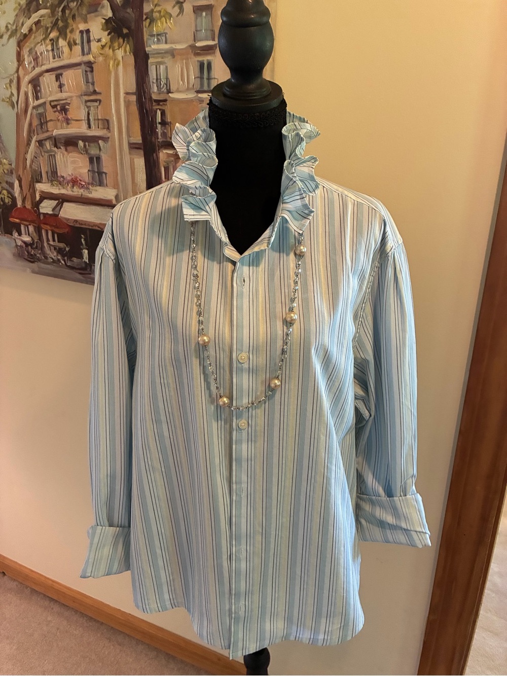 Perry Ellis Light Blue and White Striped Ruffle Collar Button-Front Shirt - Picture 3 of 6